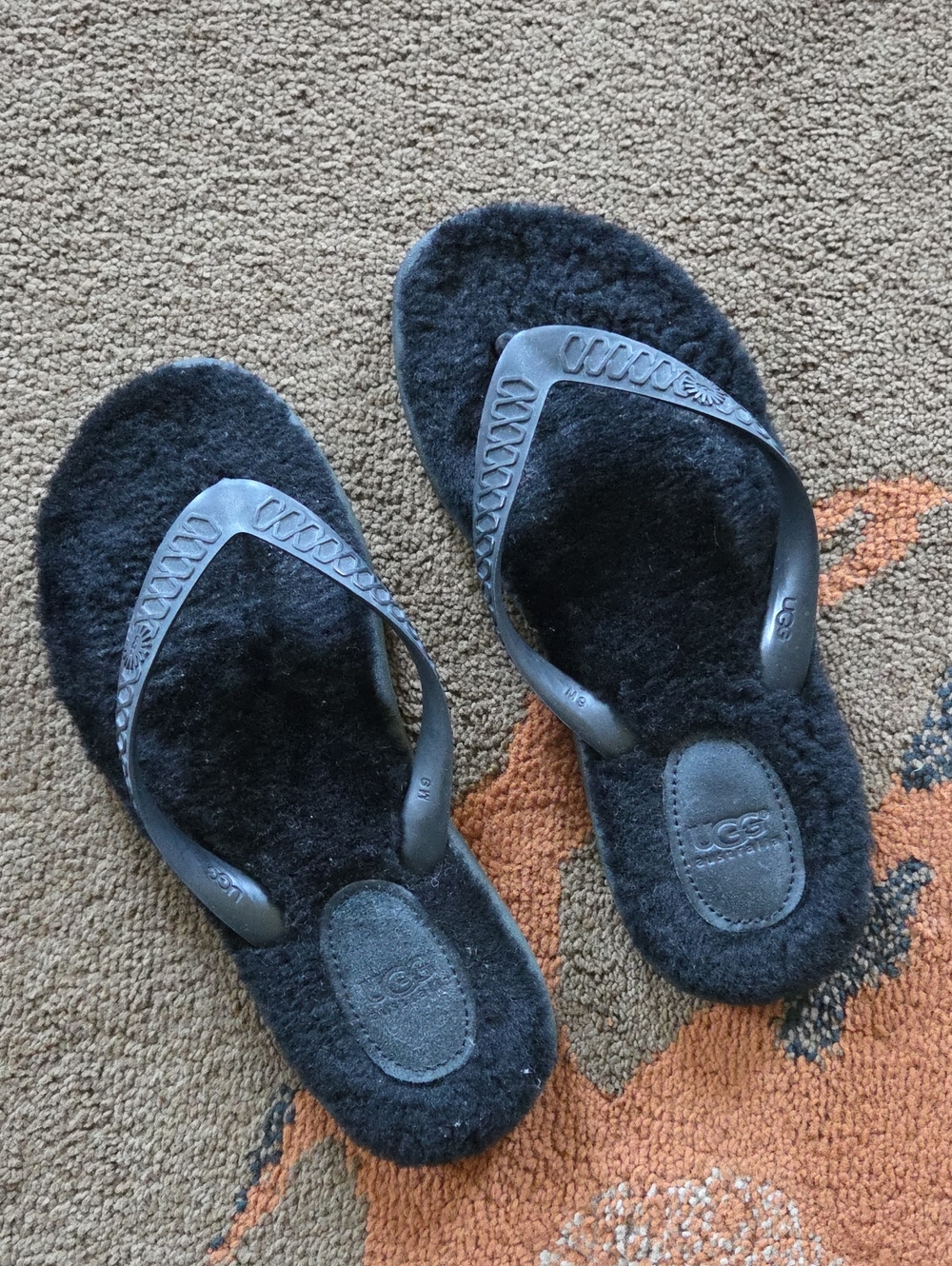 UGG Black Fuzzy Shearling Flip-Flop Sandals for Women
